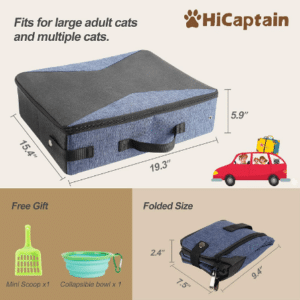HiCaptain Travel Litterbox folds into a small “cube” for easy storage. You also get a mini scoop and a collapsible bowl as free gifts for the purchase